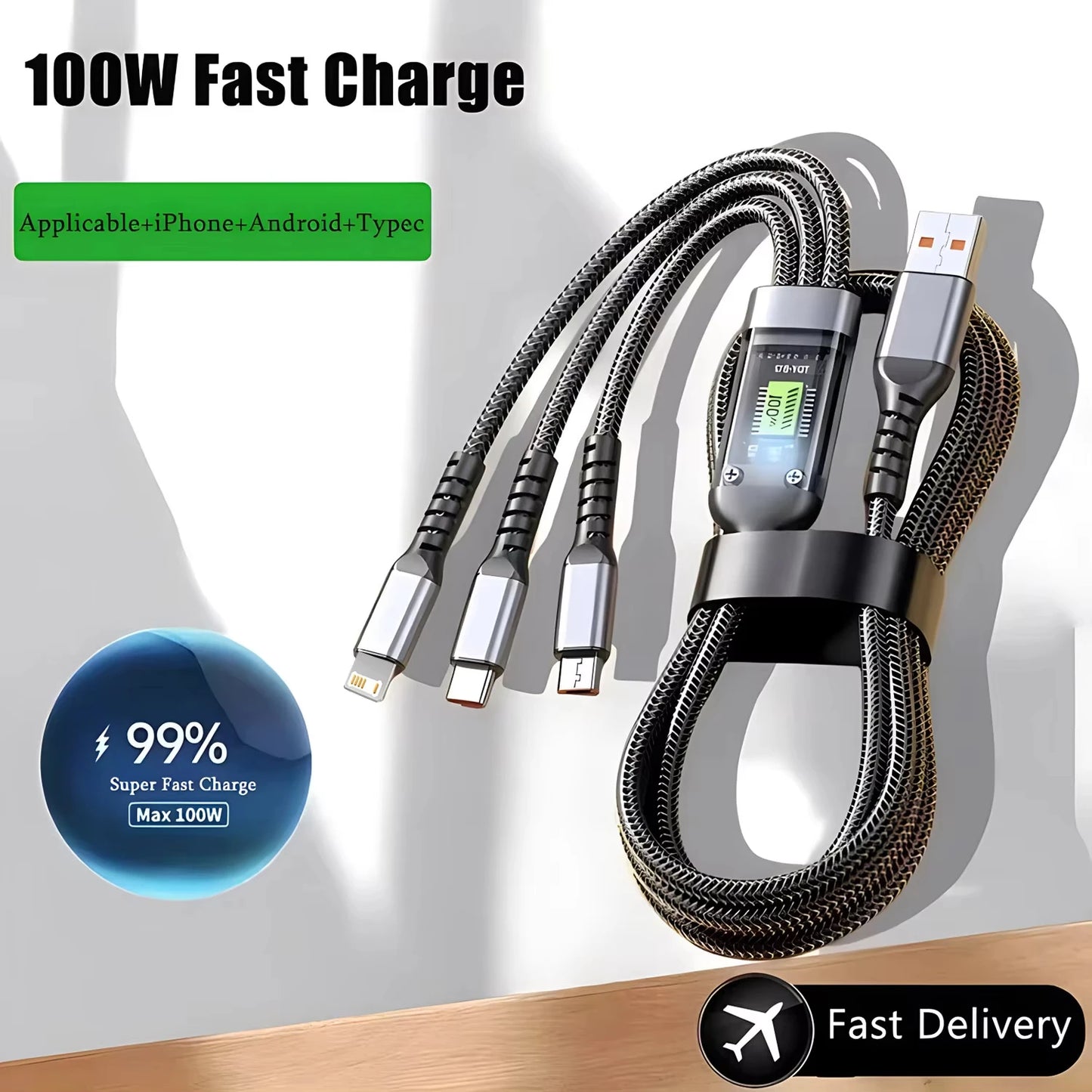 ⚡ Super Cabo 3 em 1 Fast Charge – USB-A / Tipo-C / Lightning