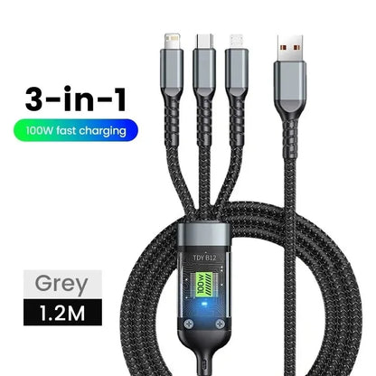 ⚡ Super Cabo 3 em 1 Fast Charge – USB-A / Tipo-C / Lightning